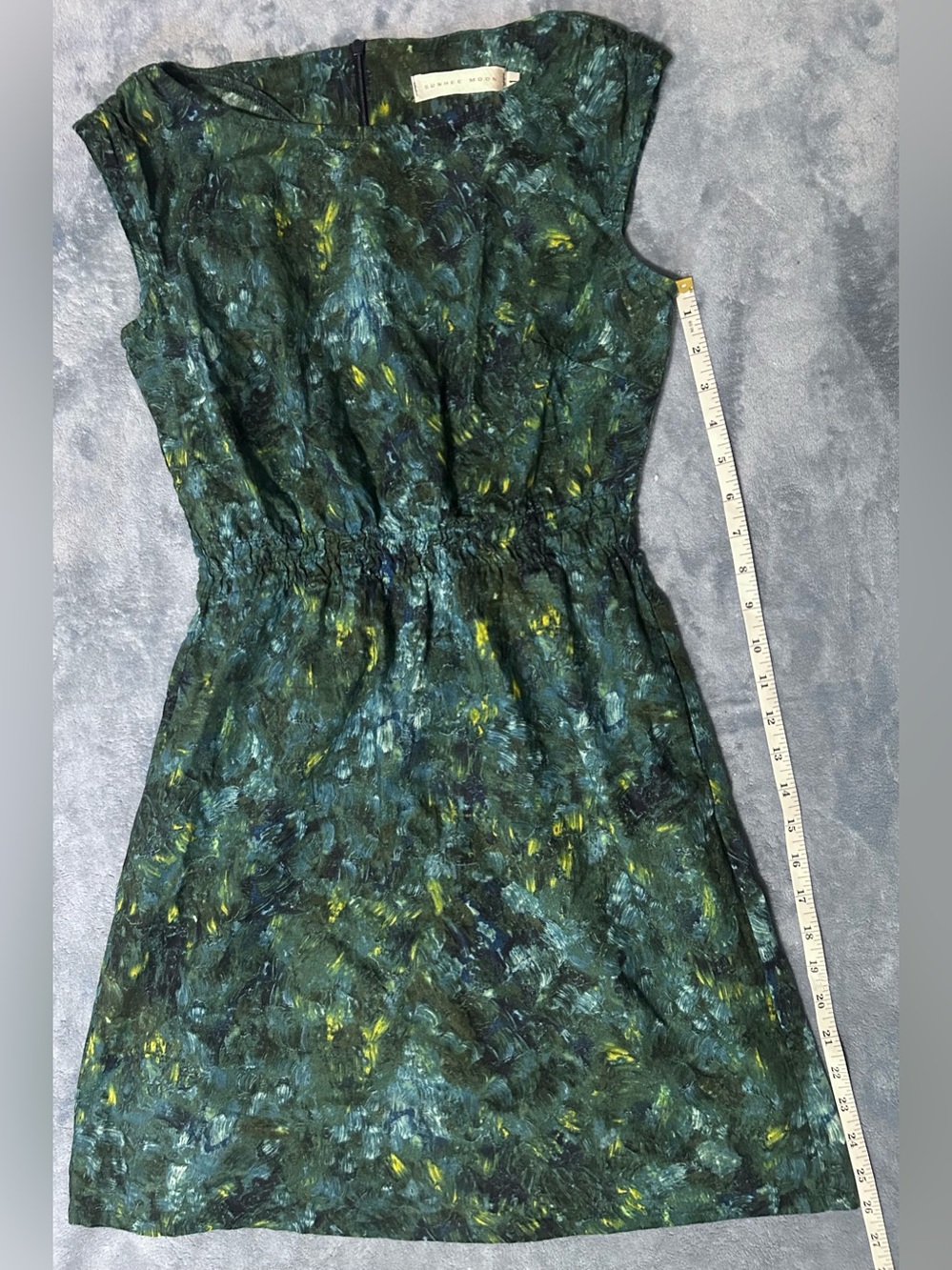 Sunhee Moon 100% Cotton Green Abstract Print Sleeveless Dress with Pockets